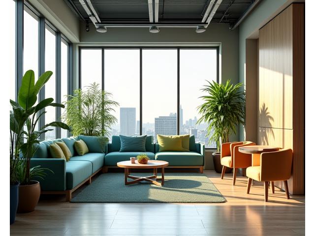 Modern, bright office interior of Sylvan Health in Boulder, showing a comfortable meeting area with natural light and vibrant green accents.