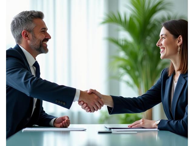 Two diverse professionals shaking hands across a modern conference table, symbolizing healthcare collaboration and partnership.