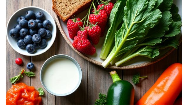 A colorful and vibrant arrangement of fresh, healthy gut-friendly foods: probiotic yogurt, leafy greens, berries, and whole grains on a rustic wooden table. Bright, natural lighting.