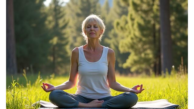 A serene mature woman practicing mindfulness meditation outdoors in a natural, sunlit setting. She is calm and focused, with lush greenery in the soft-focus background.
