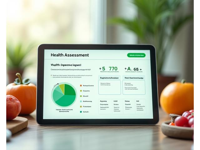 Interactive digital interface showing a health assessment with charts and data visualization for personalized nutrition after 35.
