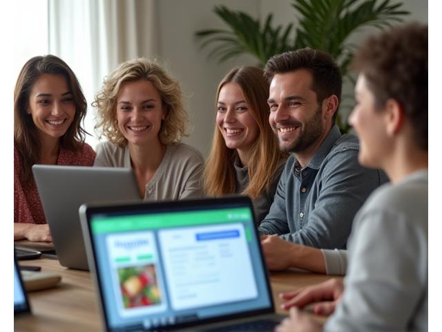 Diverse group of adults interacting positively in an online forum interface, sharing recipes and health tips, with green and blue color highlights.