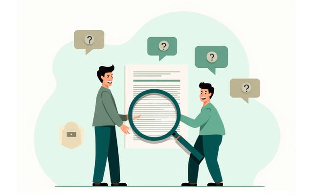 Illustration of a person holding a magnifying glass over a document, with speech bubbles and a secure lock icon, representing transparency, inquiry, and policy review.