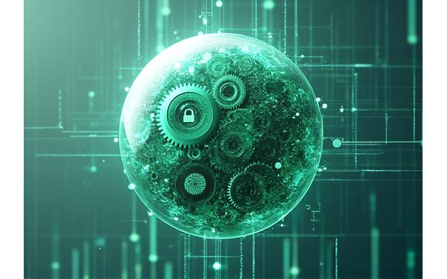 Illustration of intertwined gears and shields, symbolizing data protection, usage, and governed sharing.