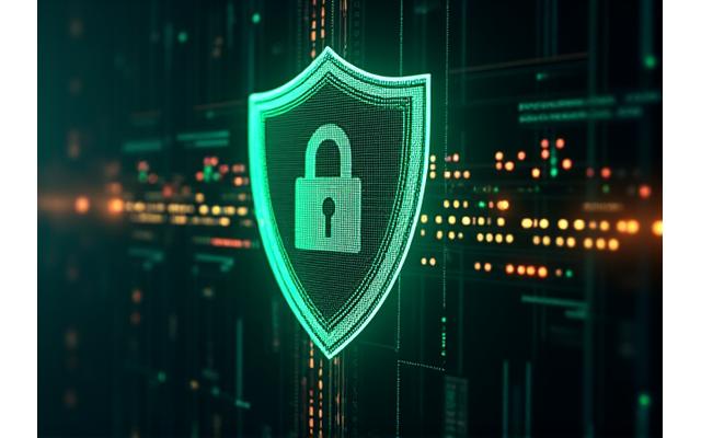 Symbolic image of a digital shield protecting data on a screen, with padlock icons and blockchain-like connections, representing robust security and compliance.