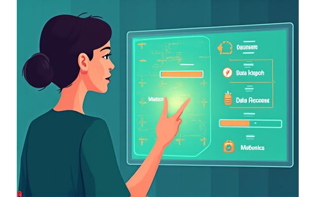Illustration of a person interacting with a user interface panel, featuring sliders and toggle switches labeled 'Privacy Settings', 'Data Access', 'Delete Data', emphasizing user control.