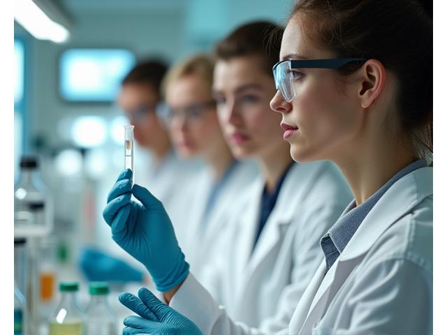 Scientists in a lab evaluating wellness products with focus and precision, symbolizing rigorous testing.