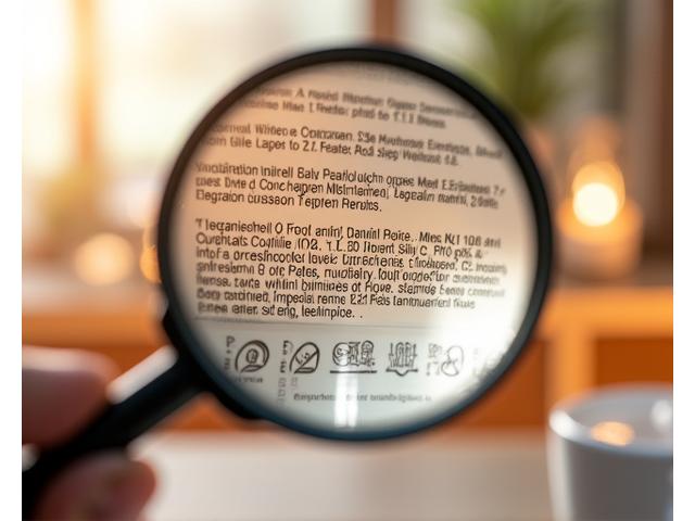Magnifying glass examining small print on a product label, emphasizing transparency and ingredient scrutiny.