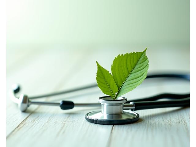 Stethoscope gracefully intertwined with a green leaf, symbolizing natural health guidance not medical advice